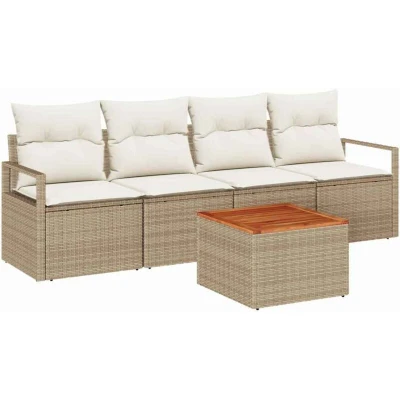 Image of vidaXL 5 Piece Garden Sofa Set with Cushions Beige Poly Rattan Acacia