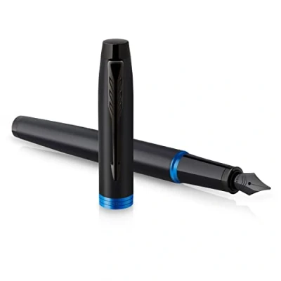 Image of Parker IM Vibrant Rings Fountain Pen Satin Black Lacquer with Marine Blue Accents Medium Point Ink Refill Gift Box