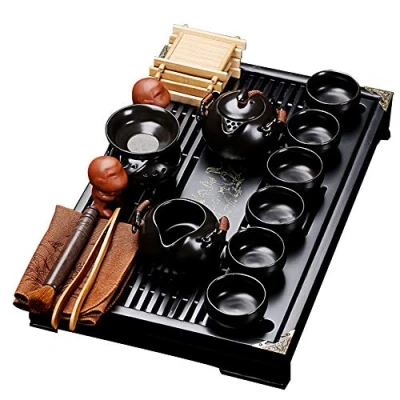 Image of fanquare Chinese Black Ceramic Kung Fu Tea Set with Tray and Small Tools, Porcelain Service