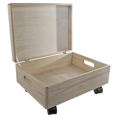 Image of Large Underbed Wooden Storage Box 40 x 30 19 cm Hinged Lid, Cut out Handles &amp; Wheels Memory Keepsake Chest Unpainted Plain Pine to Decorate Craft