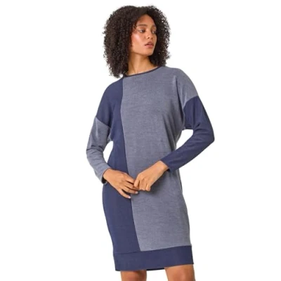 Image of Roman Originals Knitted Jumper Dress for Women UK Ladies Colour Block Winter Autumn Smart Casual Office Bodycon Workwear Everyday Long Sleeve Knee Length Knit Pocket Blue Light Size 14