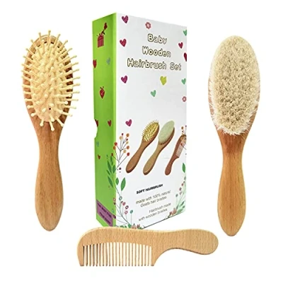 Image of Molylove 3 Piece Baby Hair Brush and Comb Set for Newborn Natural Wooden Hairbrush with Soft Goat Bristles Cradle Cap Perfect Scalp Grooming Product Infant, Toddler, Kids