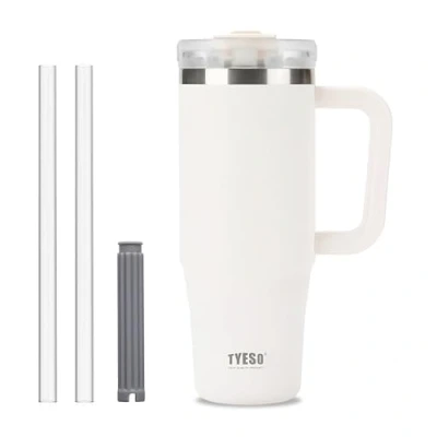 Image of Klaraber Tumbler with Straw and Lid, 30oz Insulated Travel Cup Straw, Double Wall Stainless Steel Iced Coffee Cup, Leak Proof Mug, Large Handle (White)