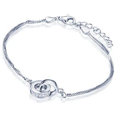 Image of Yumilok 925 Sterling Silver Women Charm Bracelet Interlocking Rings Double Strand Bracelets Link Hand Chain with Extension