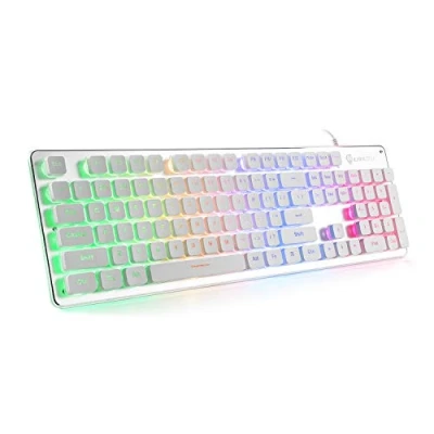 Image of LANGTU Membrane Gaming Keyboard, Rainbow LED Backlit Quiet Keyboard for Office, USB Wired All Metal Panel 25 Keys Anti ghosting Computer 104 L1 White/Silver