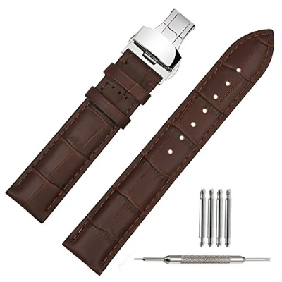 Image of TStrap 19mm Genuine Leather Watch Strap Brown Military Bracelet Band Alligator Grain w/Deployment Clasp Buckle