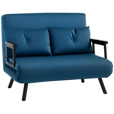 Image of HOMCOM 2 Seater Sofa Bed, Click Clack Convertible Bed Settee, Modern Velvet Feel Fabric Couch with Tufted Cushions, Wood Armrests, for Living Room, Bedroom, Guest Navy Blue
