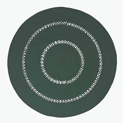 Image of HOMESCAPES Dark Green Crochet Rug Handwoven Cotton Braided Mat Reversible 120 cm Round for Living Room &amp; Bedroom