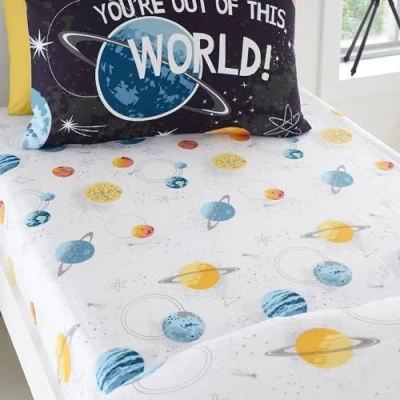 Image of Bedlam Universe Outer Space Bed Sheets Single Fitted Sheet (190 x 90 25cm) Galaxies &amp; Planets Bedding for Boys Bedroom Accessories Collection, Black