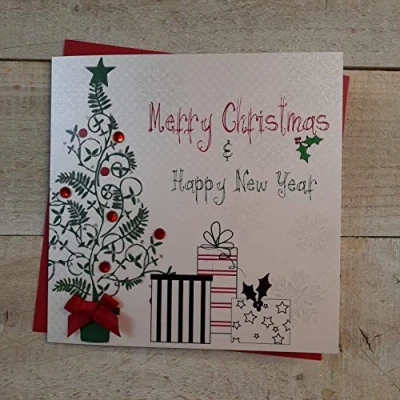Image of White Cotton Cards Merry Happy New Year Handmade Christmas Card (Tree &amp; Presents Code fp1)