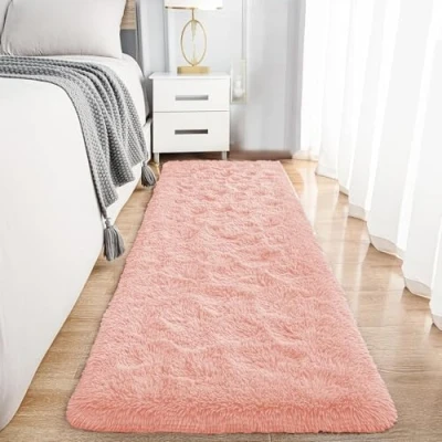 Image of Hafaa Rugs Living Room Fluffy Shaggy Pink Area for Bedroom, Hallway Runner Anti Slip Modern Super Soft Plush Carpet Non Shedding Easy To Clean Rug, 60cm x 220cm