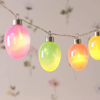 Image of Lights4fun Indoor 10 Warm White Micro LED Battery Operated Iridescent Pastel Glass Easter Egg Decorative String Fairy Lights with Timer 1.35m