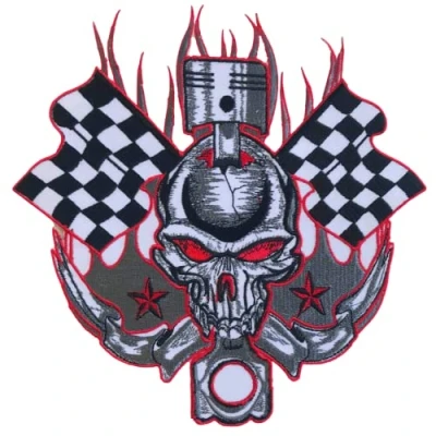 Image of Skull Checkered Flag Hot Rod Large Biker Jacket Back Sew On Embroidered Patch