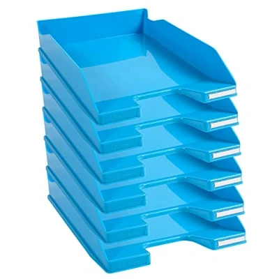 Image of Exacompta Ref. 113282D set of 6 COMBO MIDI letter trays dimensions 34.6 x 25.5x 6.5 cm for A4 + format documents glossy turquoise blue color
