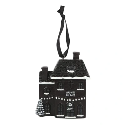 Image of Spooky Black &amp; White &quot;Haunted Holiday House&quot; Resin Christmas Decoration 10cm x 7.7cm (1 Pc.) Gothic Take on Home Decor, Haunted House Ornament Perfect for a Scene
