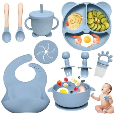 Image of Dazhtu 10 pcs Baby Weaning Set Silicone Feeding with Suction Bowl, Adjustable Bib,Cup,Fork &amp; Spoo,Silicone Plate Baby, Food Kit, Ideal for Gifts, Blue