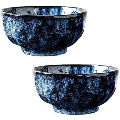 Image of ENESEA Ramen bowl,salad bowl,fruit bowl,ramen bowl,large serving bowls,. Ceramic Bowls Set of 2,Deep Soup Bowls,Rice Microwave Safe blue 350ml,4.5&quot; (Color : Blu, Size 350ml)