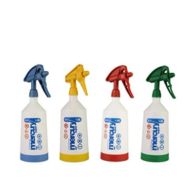 Image of Kwazar Mercury Super Pro Spray Bottle, 1L x 4, 360 Degree Overhead, Adjustable Nozzle, Blue, Green, Red, Yellow, Includes Instructions &amp; Care Notes