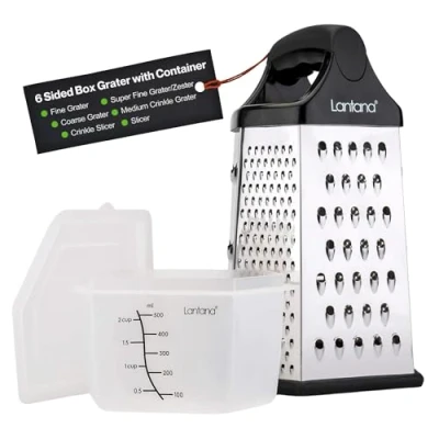 Image of Lantana Cheese Grater with Container Hand held Grater/Slicer/Zester. 6 Essential Kitchen Functions for Coarse, Medium, Fine, Micro Grating/Zesting/Slicing. Includes Fitted Measuring &amp; Lid
