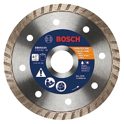 Image of BOSCH DB4542S 4 1/2 in. Standard Turbo Rim Diamond Blade with 7/8 Arbor for Smooth Cut Wet/Dry Cutting Applications in Concrete, Brick, Stone, Masonry