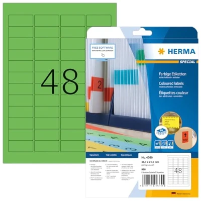 Image of HERMA Self Adhesive Coloured Labels, 48 Labels per A4 Sheet, 20 Sheets, 45.7 x 21.2 mm, 960 Blank Removable Colour Stickers, Sticky for Laser &amp; Inkjet Printer, Green