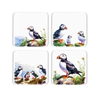 Image of Puffins on the Rocks Cork Coaster Set Coastal Seabirds Gifts of Four (4) Square Drinks Coasters