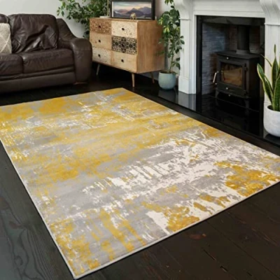 Image of Ochre Yellow Abstract Distressed Style Rug Arty Soft Plush Textured Ombre Multi tone Durable Affordable Living Room Area Bedroom Hallway Rugs 80cm x 150cm