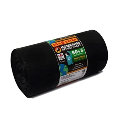 Image of Homewise 55 Extra Bin Bags Heavy Duty 100L Bag Refuse Sacks Pack Of Black for Rubbish Large Eco Friendly Home Offices &amp; Garden Strong Liners Made from Recycled Material