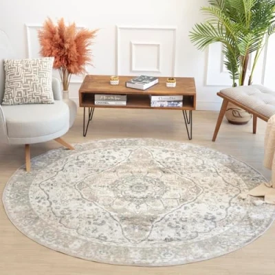 Image of Livabliss Riffa Machine Washable Rug Vintage Area Rugs Living Room, Round 200 cm Traditional Boho Style, Dining Kitchen, Outdoor, Hallway Beige and Grey