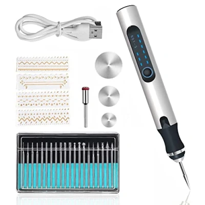 Image of Electric Engraving Tool Kit USB Rechargeable Mini DIY Micro Engraver Etching Pen Cordless Rotary for Carving Glass Wood Metal Stone Plastic Jewelry (Silver)