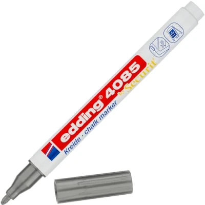 Image of edding 4085 chalk marker silver 1 pen round nib 2 mm fine wet wipe for chalkboards, windows, glass, mirrors liquid pens opaque coverage