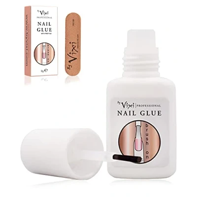 Image of 8g By Vixi EXTRA STRONG NAIL GLUE with BRUSH and FREE PREP FILE Clear Instant Dry Adhesive, Professional Salon Quality
