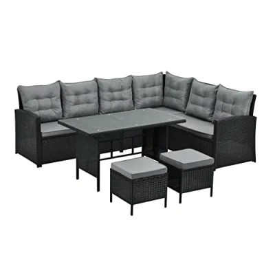 Image of EVRE Monroe Black Outdoor 8 Seat Wicker Rattan Garden Furniture Dining Set Cushioned Classic Corner Sofa Chair Glass Top Table and Footrest for Patios Conservatories Rectangular