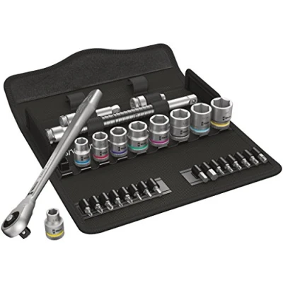 Image of Wera 05004050001 8100 SB 10 Zyklop Metal Ratchet Set with push through square, 3/8&quot; drive, imperial, 29 pieces