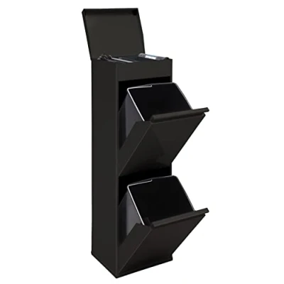 Image of ARREGUI Top CR226 B Recycled Steel Waste Bin with Storage Box Lid, Separation System 2 Removable Plastic Inner Bins Handle, x 17 L (34 L), Black