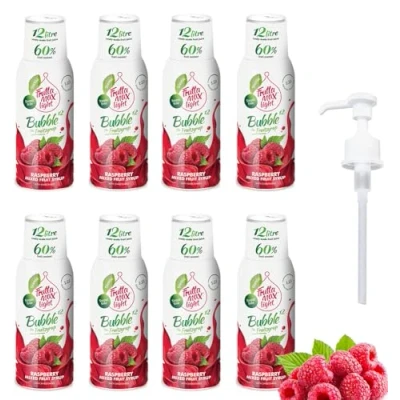 Image of 8 Pack Light Low Carb Fitness Syrup by FruttaMax Pump for Gift Zero Sugar with Stevia 60% Fruit Content 500ml (8 x Raspberry Light)