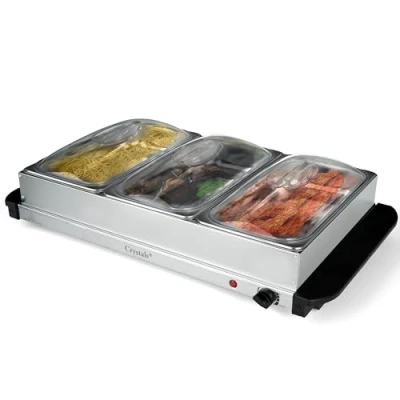 Image of Crystals 300W Stainless Steel Electric Food Warmer 3 Pans with Clear Lids Buffet Server Hot Plate Tray