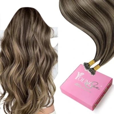Image of YoungSee Nano Beads Hair Extensions Dark Brown Highlights Caramel Blonde Tips Cold Fusion Rings Human 16 inch 1g/s 50g