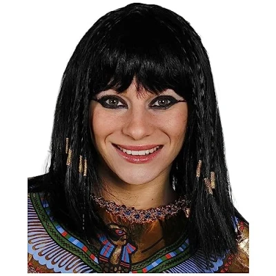 Image of EGYPTIAN WIG WOMENS CLEOPATRA FANCY DRESS ACCESSORY LADIES QUEEN OF THE NILE BLACK WITH PLAITS AT FRONT AND THICK FRINGE