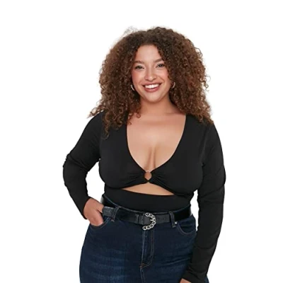 Image of Trendyol Women Plus Size Regular fit Bodycon V Neck Knit Blouse Black