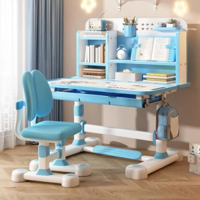 Image of Tuelaly Kids Desk and Chair Set,Height Adjustable Children&#039;s Desks with Spacious Storage Drawer,Golden Distance Preventing Myopia Design for School Home Study Writing (Blue)