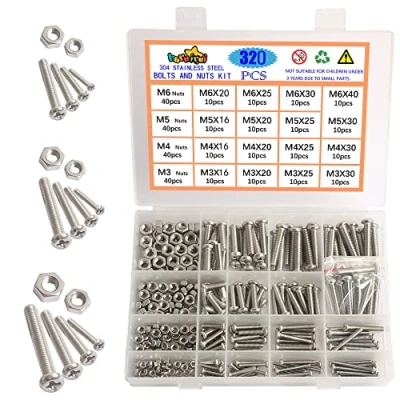 Image of huruirui Nut and Bolts Set M3 M4 M5 M6 304 Stainless Steel Round Head Cross Screw Nuts Kit Hexagon Machine With Storage Box 320PCS