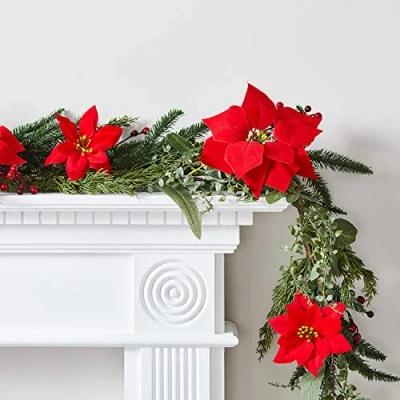 Image of Lights4fun Christmas Poinsettia Garland Artificial Foliage and Red Berries Indoor Decoration