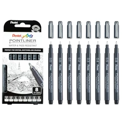 Image of Pentel S20P Pointliner Pigment Liner Technical Drawing Fineliner Pen 0.03mm, 0.05, 0.1, 0.2, 0.3, 0.4, 0.5 &amp; 0.8mm Black Ink (Pack of 8)