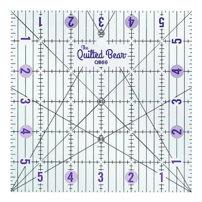 Image of The Quilted Bear Quilting Rulers Transparent Acrylic Non Slip &amp; Patchwork Ruler with Clear Black Lines 30, 45 60 Degree Angles (6&quot; x 6&quot;)