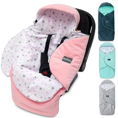 Image of Bellochi Universal Baby Car Seat Blanket for Swaddle with a Hood Made of Soft Cotton and Velvet OEKO TEX Certificate Fitts Maxi Cosi Romer Cybex Pink