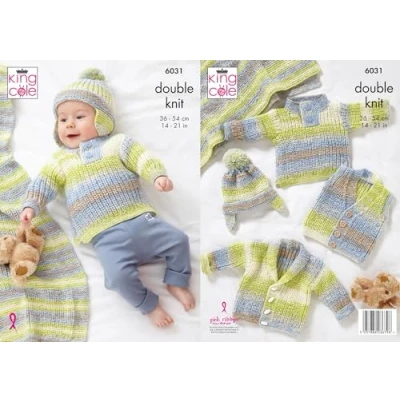 Image of King Cole Double Knit Baby DK Knitting Pattern Jacket Gilet Sweater Hat &amp; Blanket (6031), 14&#039;&#039; 21&#039;&#039;