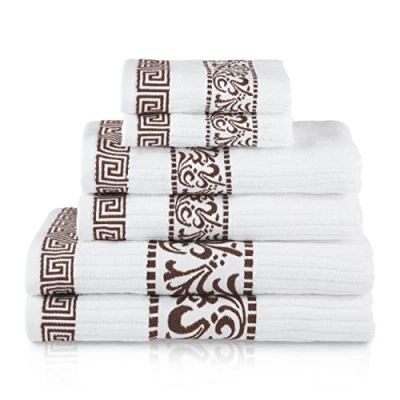 Image of Superior 6 Piece Cotton Towel Set, Decorative Greek Pattern, Home Essentials, Absorbent Towels, Bathroom Decor, Spa, Resort, Includes 2 Hand, Face and Bath Athens Collection, Chocolate