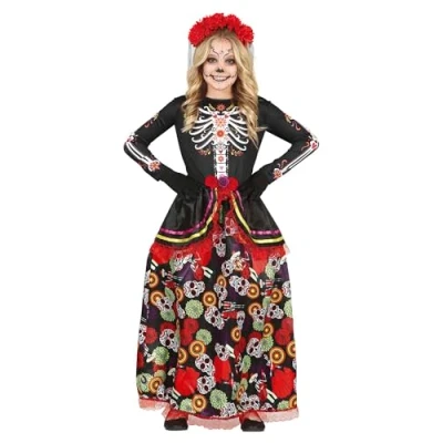 Image of FIESTAS GUIRCA Day of the Dead Fancy Dress Costume Elegant Long and Headband with Flowers for Girls 5 6 Years