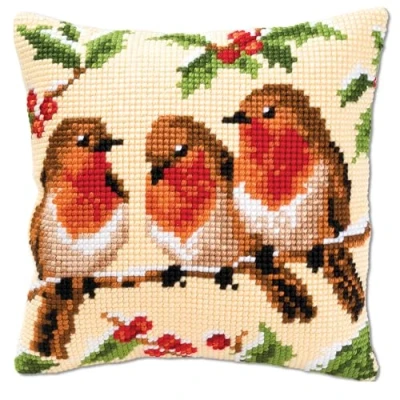 Image of Vervaco Robins Cross Stitch Cushion, Multi Colour, 40 x 40cm